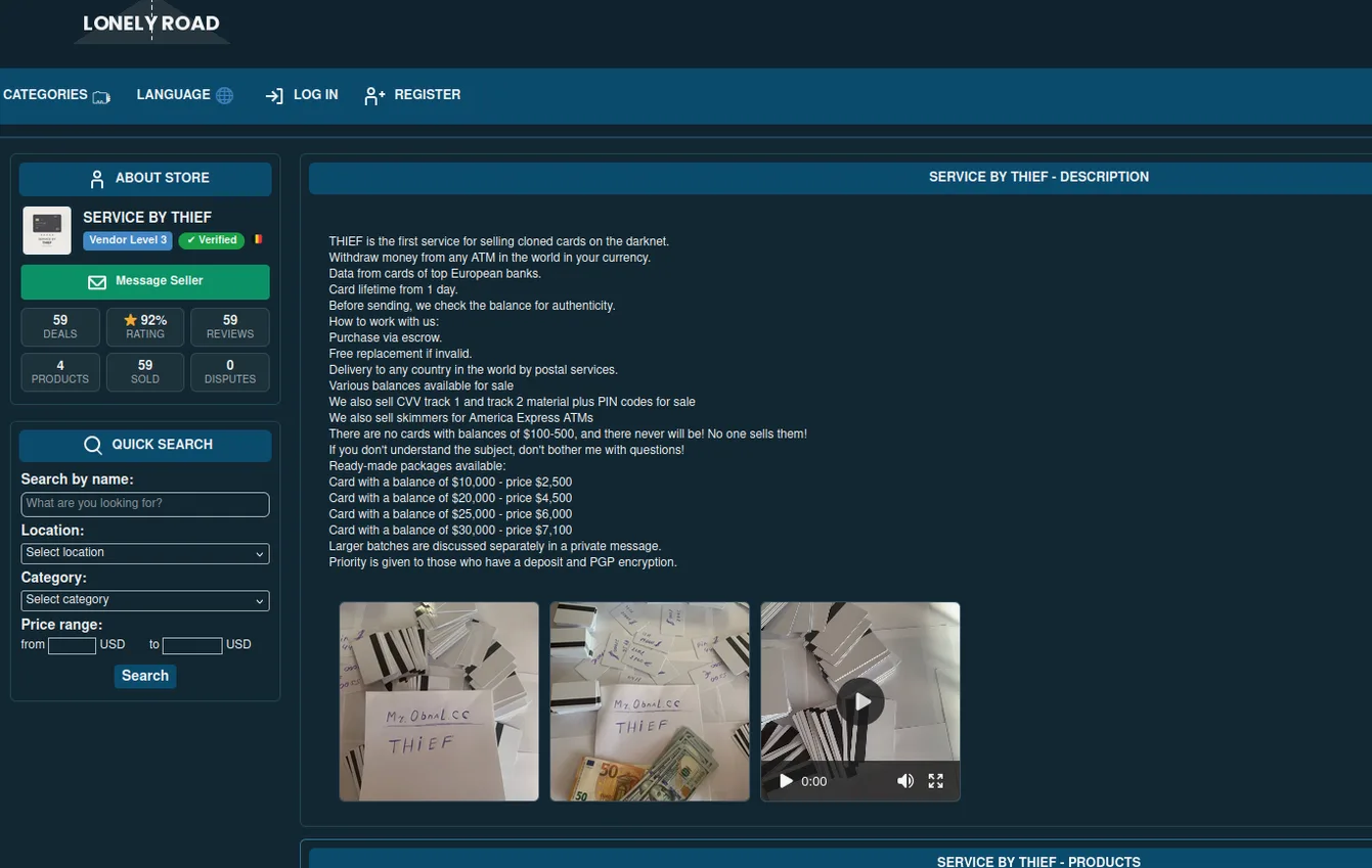 Screenshot of a dark web marketplace offering 'cloned cards' for sale.