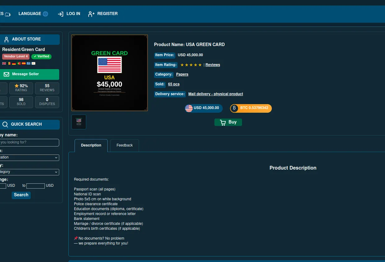 Website interface offering visa and green card services